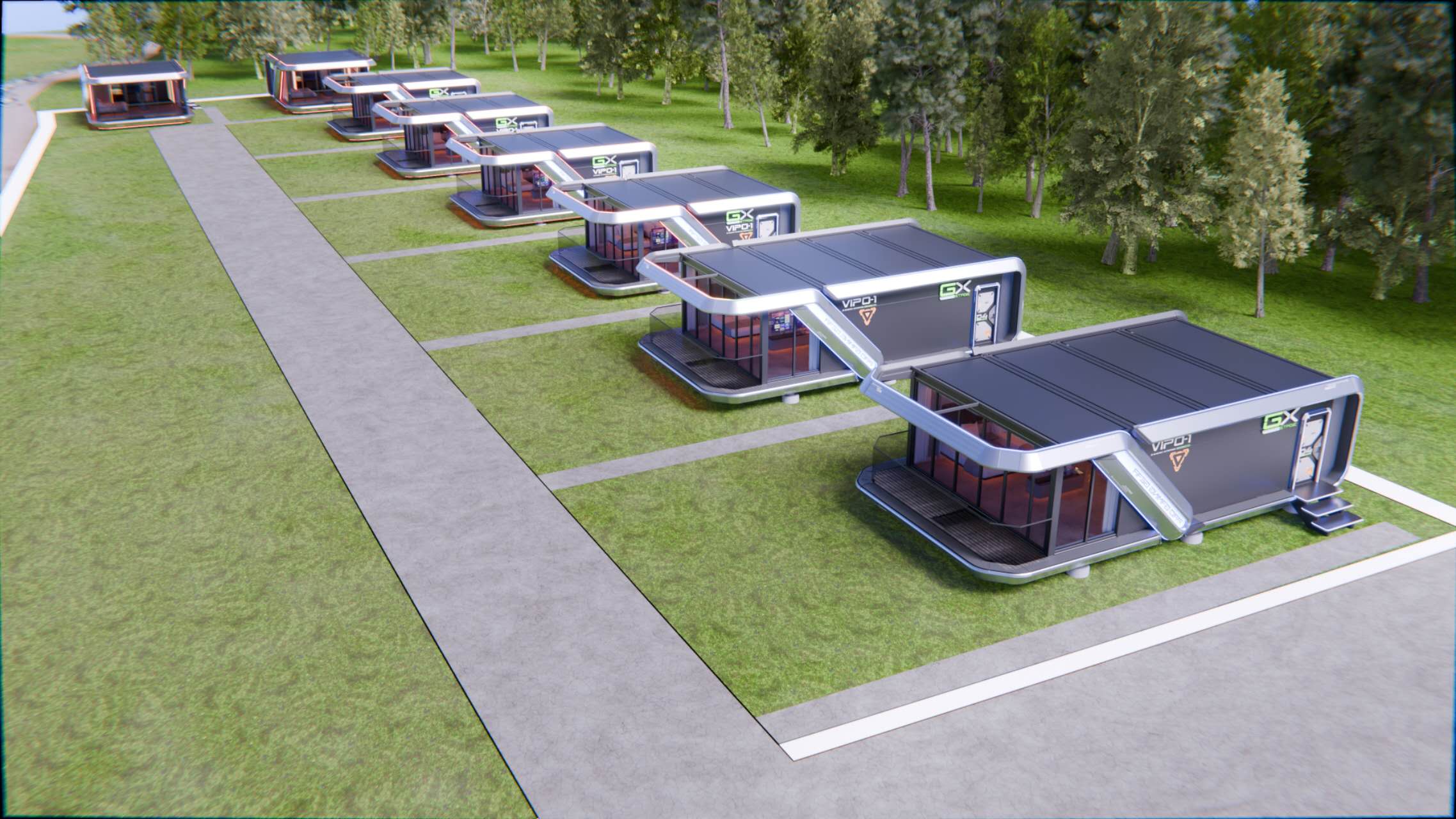 Sorba rendezett Capsulove egységek parkosított területen, látványterv