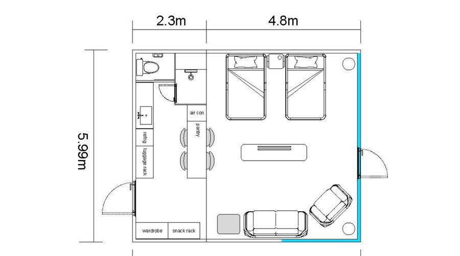 Capsulove Desert VIP verzió alaprajza, 5,9×7,1 m