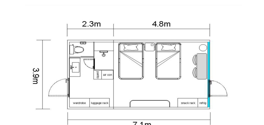 Capsulove Standard modell alaprajza, 3,9 × 7,1 m